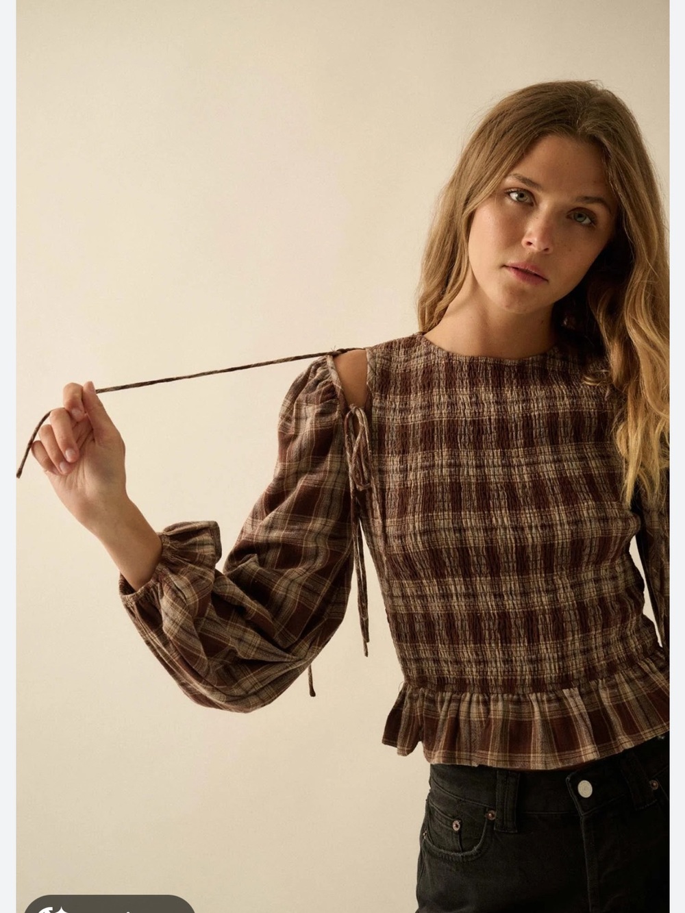 Promesa Brown Plaid Smocked Peplum Blouse